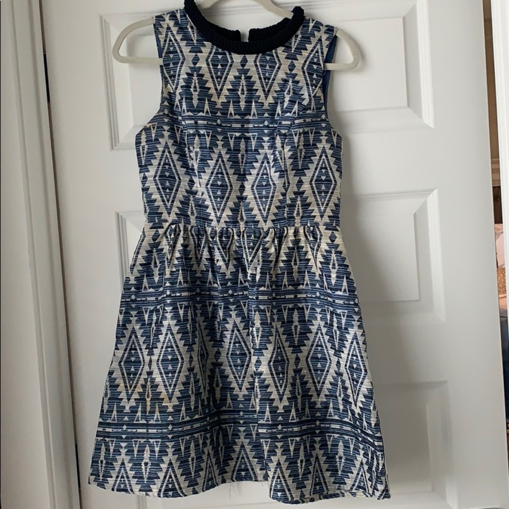 Blue and white Aztec occasion dress